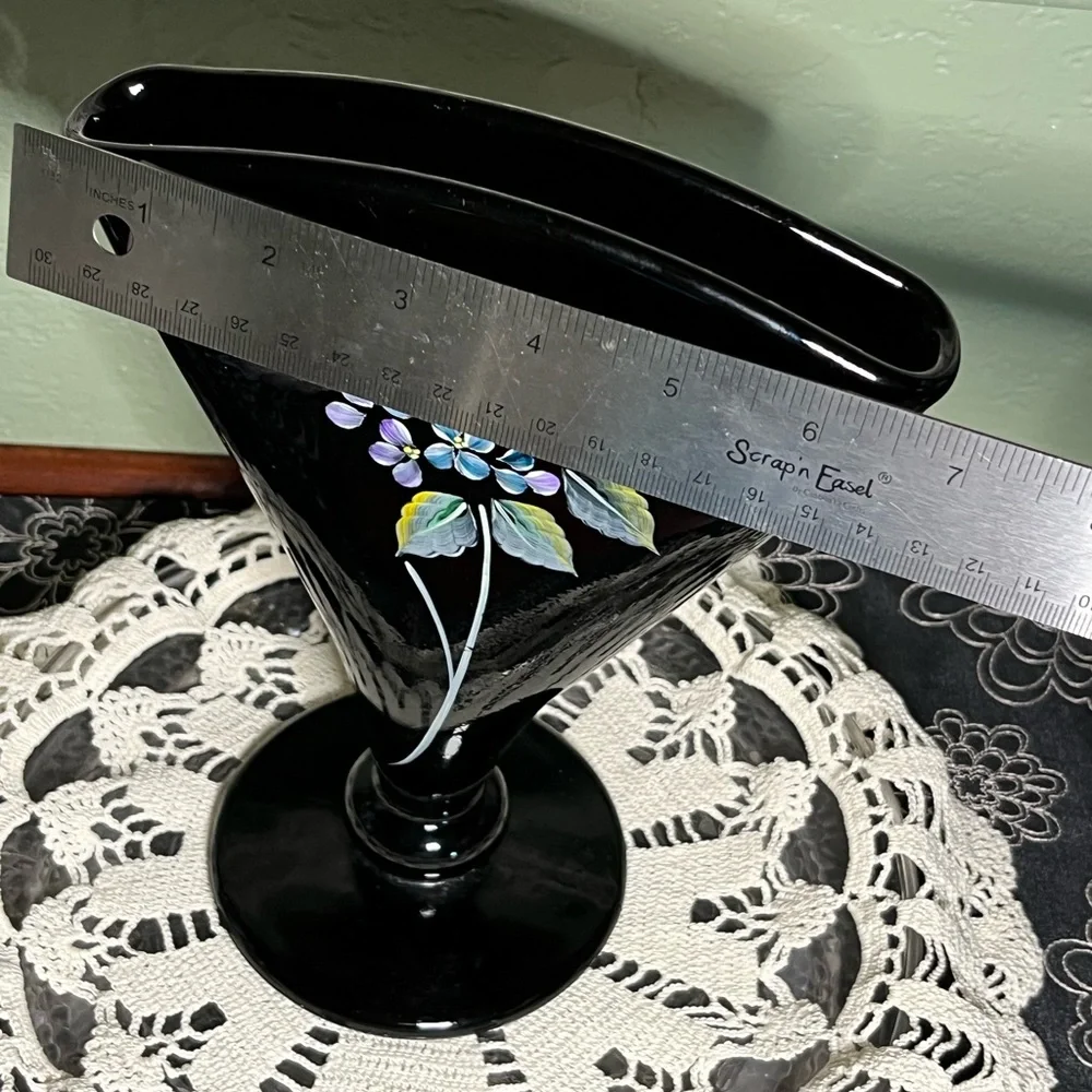 Vintage Fenton Black Amethyst Fan Vase – Hand Painted & Signed